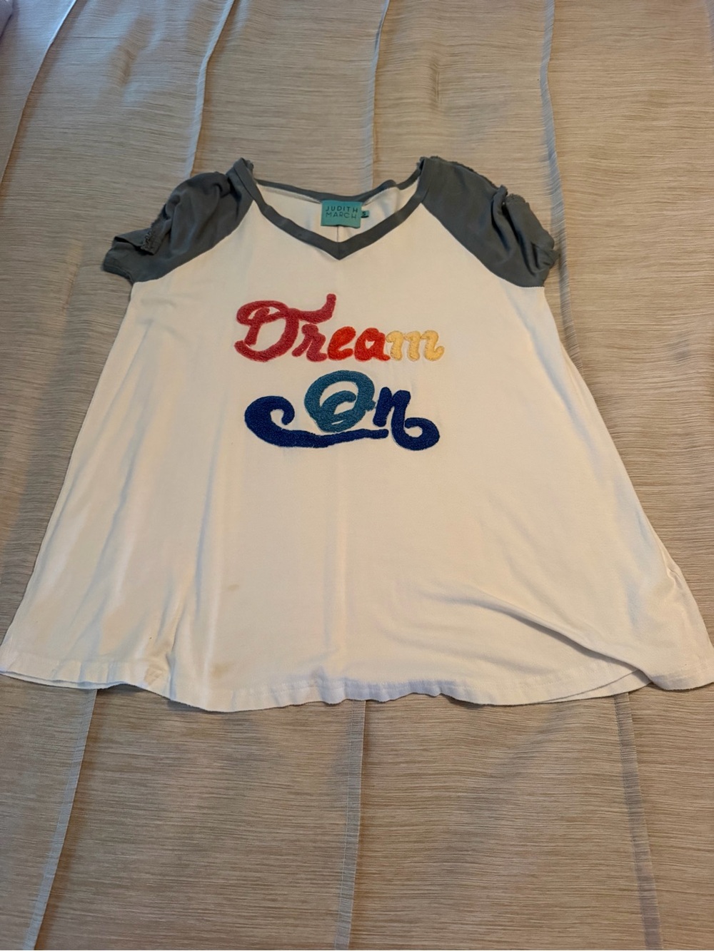Judith March "Dream On" White Tee with Grey Sleeves